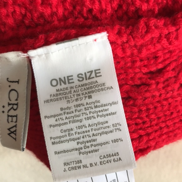 J. Crew knit hat Red acrylic yarn Tan grey faux fur Pom Pom cable knit pattern - Picture 7 of 8